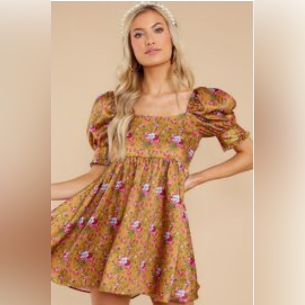 LoveShackFancy Mustard Floral Puff Sleeve Mini Dress